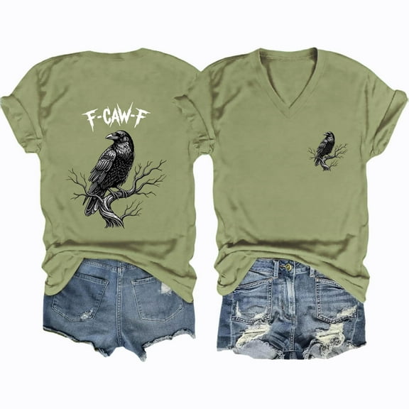 PUYAHG Casual T Shirts Womens Crow Print Short Sleeve Crewneck Unisex Loose Fit Plus Size Graphic Regular Blouses Army Green,L