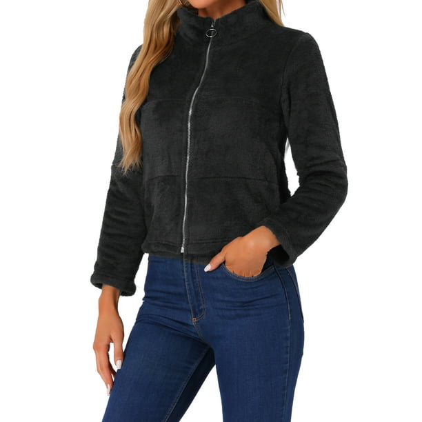 Chaqueta de forro polar recortada INSPIRE CHIC para mujeres con cuello alto y cierre de piel sintética