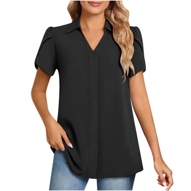 Lenpel Hauts pour Femmes Mode Été Manches Courtes Col en V Chic Décontracté Chemises à Col Tuniques Amples Blouses