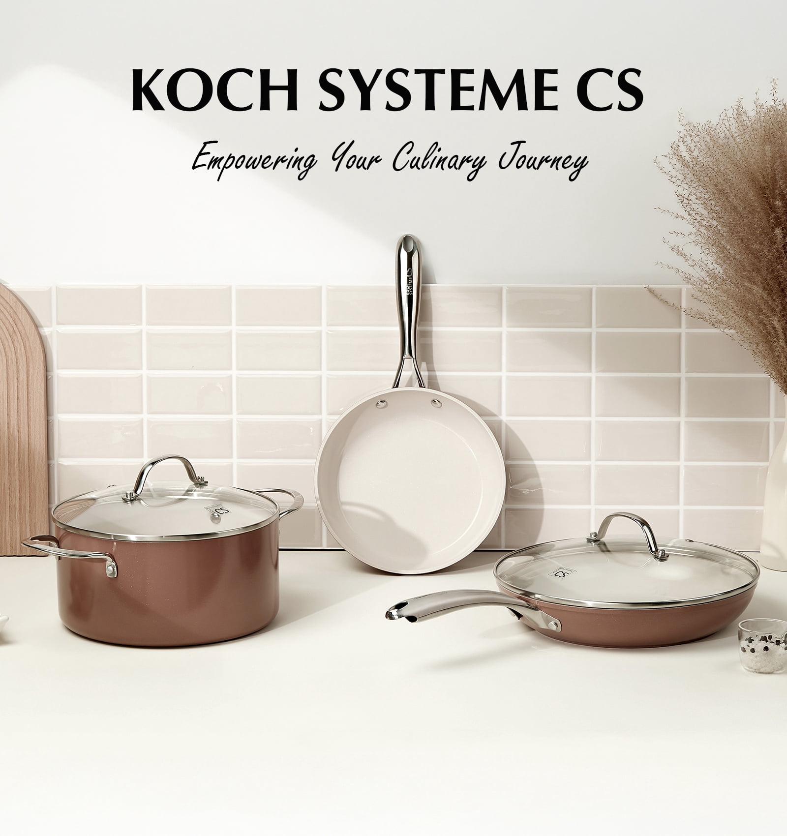 Koch Systeme CS 10 inch Ceramic Non-Stick Frying Pan with Lid，Stainless Steel Handle, Oven and Dishwasher Safe, Brown