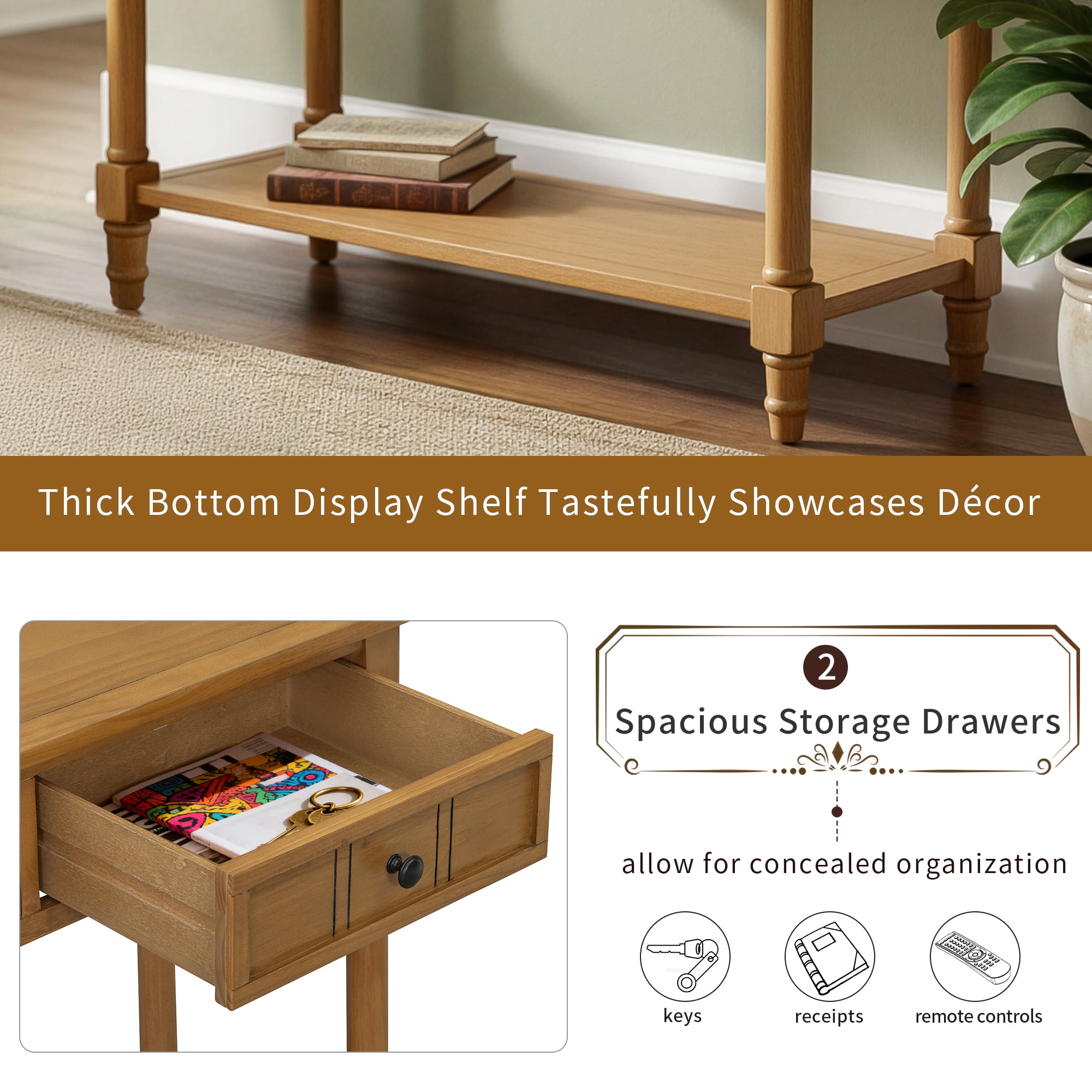Euroco Farmhouse Wood Console Table with 2 Drawers and Bottom Shelf, 2-Tier Narrow Entryway Table Sofa Table Behind The Couch for Entrance, Hallway,Living Room, Foyer,Natural