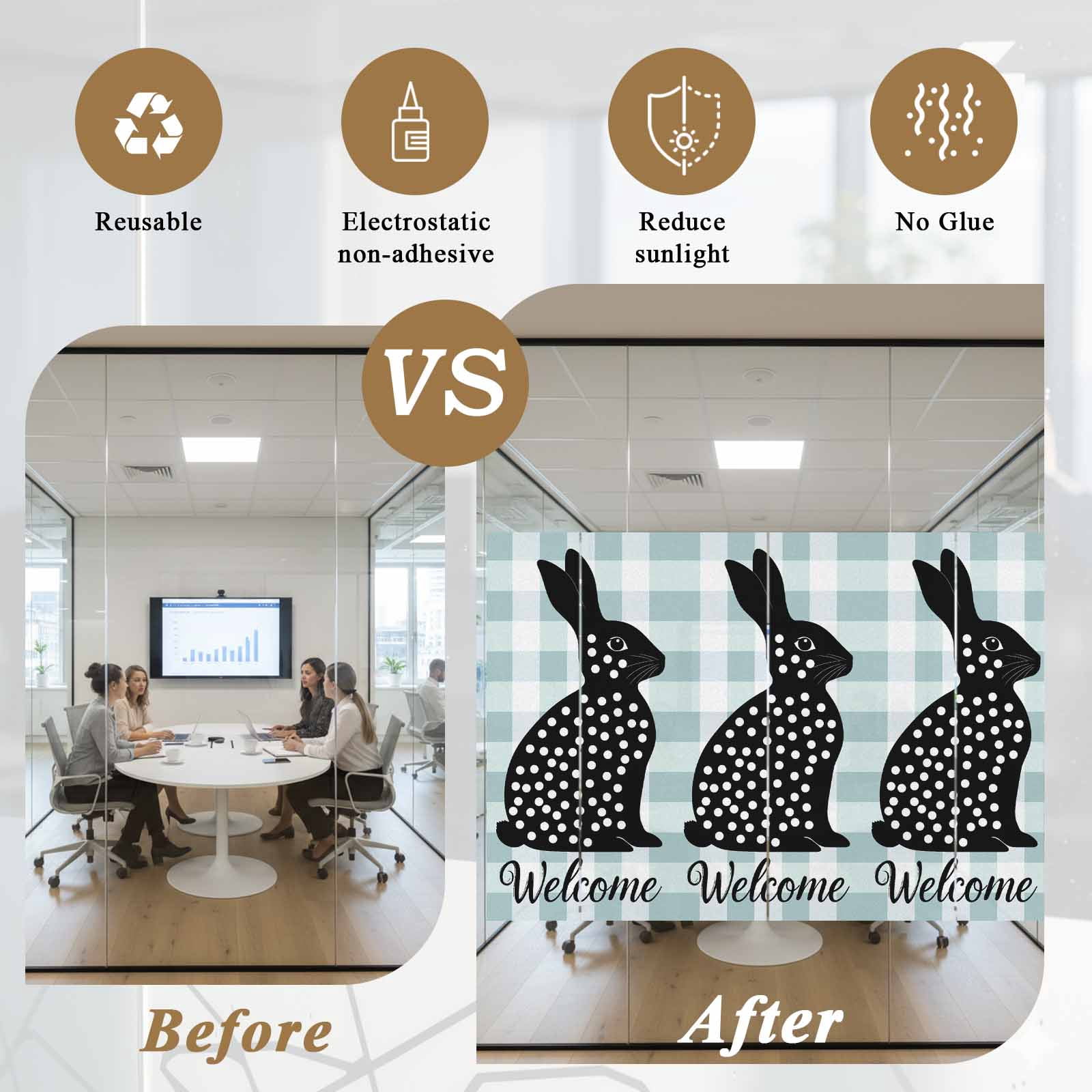 Easter Rabbit Window Privacy Film, Bunny Welcome Frosted Glass Window Clings Static Cling UV Heat Blocking Reusable Door Sticker for Bathroom 23.6 x 59 Inch