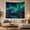 Aurora Cabins Lake, variant on Northern Lights Over Mountain Lake and Cabins at Night, Majestic Celestial for Nature Lovers, Peaceful Wilderness Art, Housewarming Gift, Tapestry Wall Hanging for Bedroom and Living Room