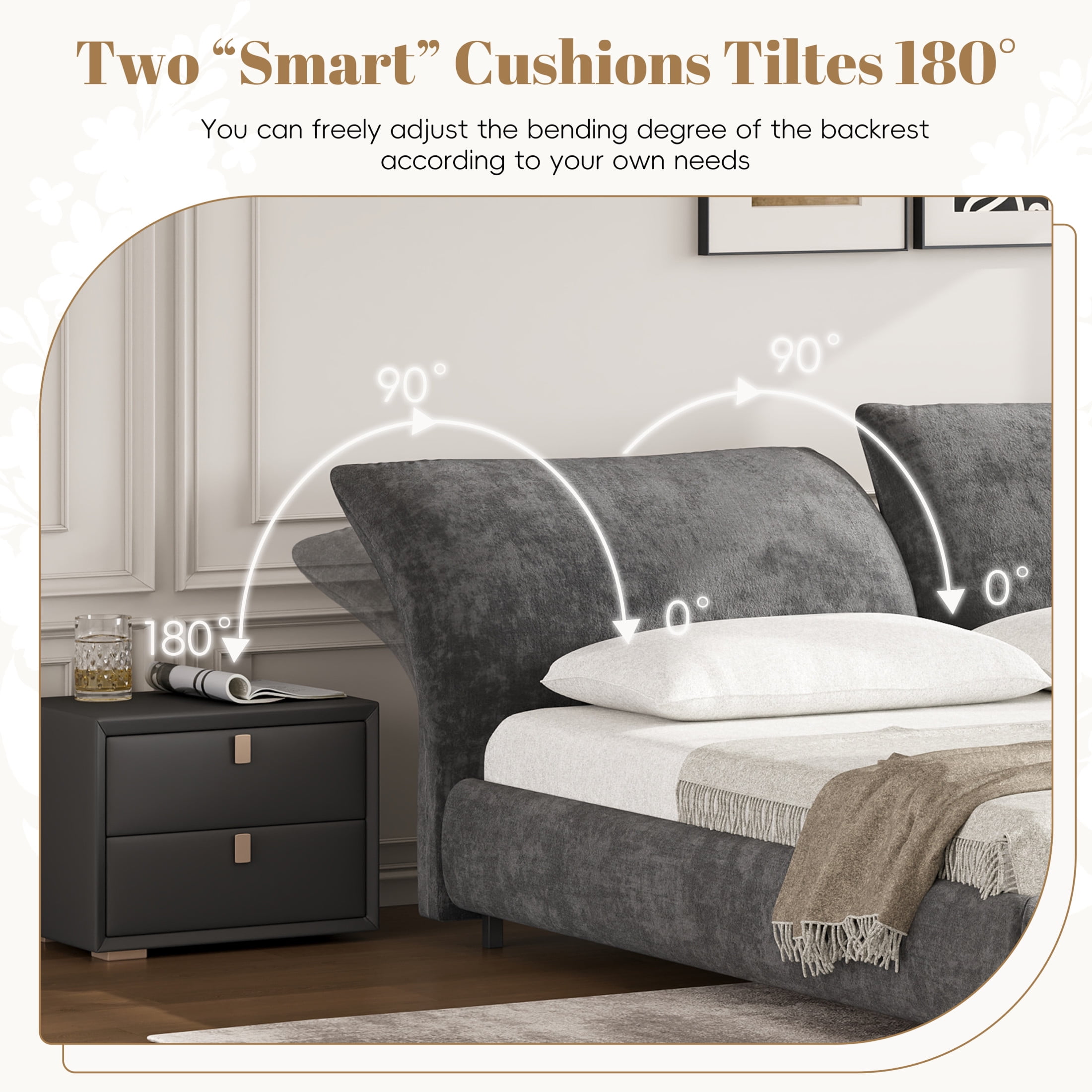 Christopher Knight Home Minimalist Upholstered King Bed Frame with Adjustable Cushions, Dark Grey