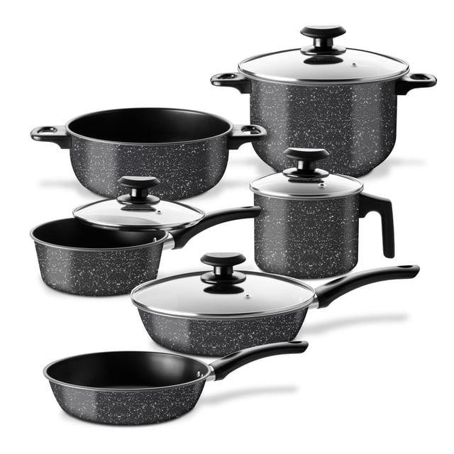 Set de Cacerolas, Sartenes y Hervidor Antiadherentes de Acero de Carbono, para Saltear Hervir Freír cafe 10