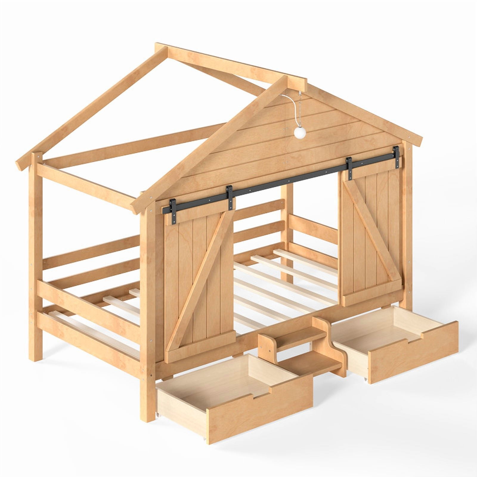 Twin Size Farmhouse House Bed with Sliding Barn Doors & Light Bulb, Wood Kid's Platform Bed Frame with Stair & Drawers