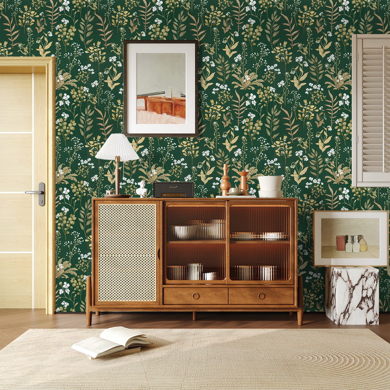 UMIGGEE Floral Wallpaper Peel and Stick Floral Dark Green Wallpaper Self Adhesive Flower Wall Paper Contact Paper 17.3-in x 118-in Home Decor Wall Covering Old Furniture Renovation