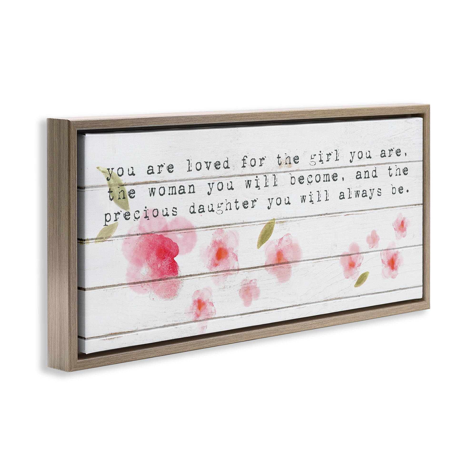 Stupell Industries Precious Daughter with Pink Flowers Art for Kids Painting Brown Floater Framed Canvas Art Print Wall Art, 25 x 11