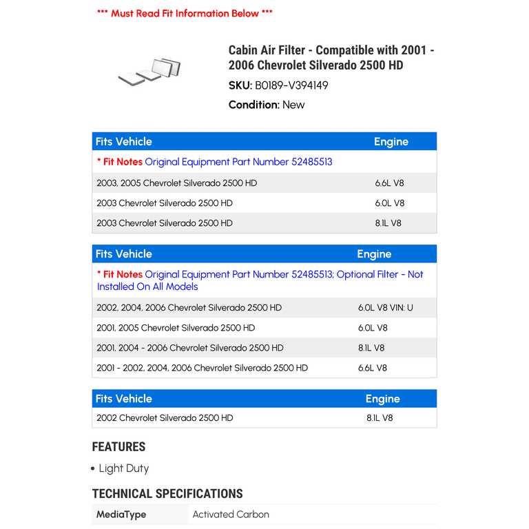 2005 chevy silverado cabin air filter deals