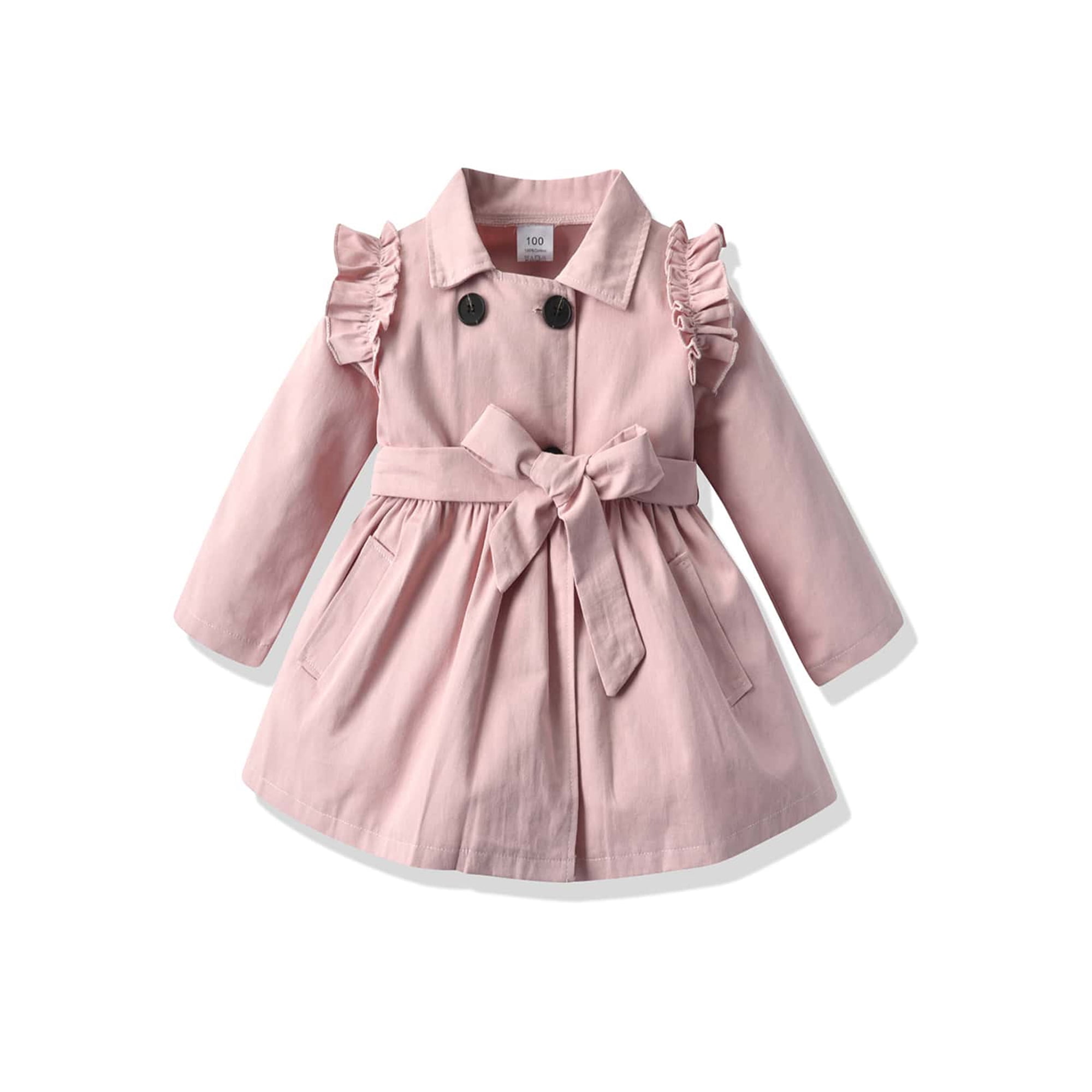 Boiiwant Girls Trench Coat and Waistband Pink Solid Color Button down Jacket