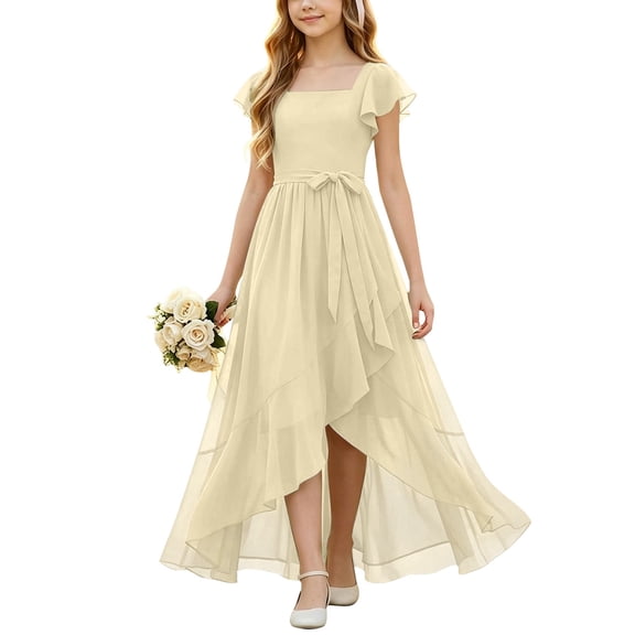 EnJoCho Girls Chiffon Junior Bridesmaid Dress Square Neck Flutter Sleeves High Low Formal Party Flower Girl Wedding Holiday Dance Pageant Evening Gown