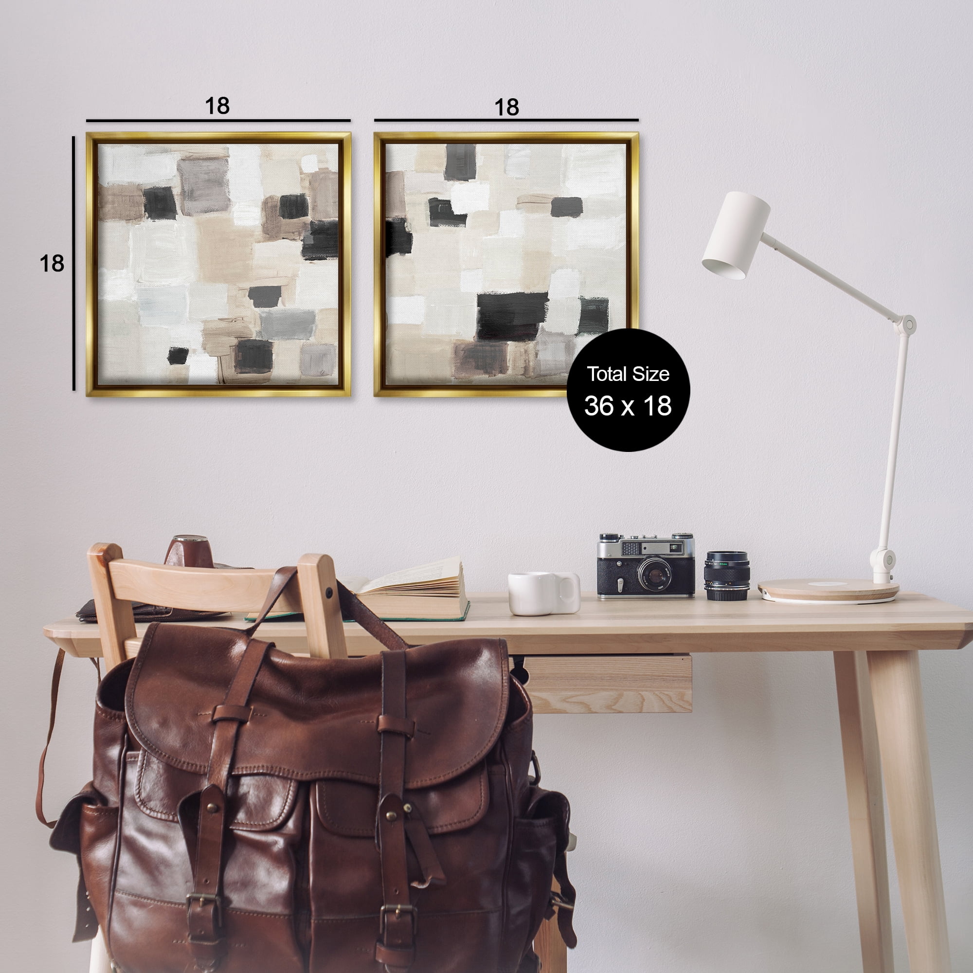 Stupell Industries Neutral Patchwork Squares Abstract Painting Gold Floater Framed Canvas Art Print Wall Art, 18 x 18, Set of 2