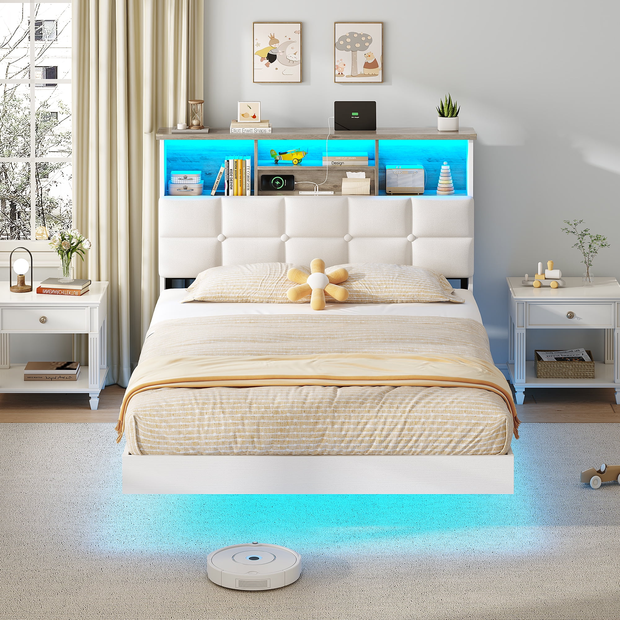 Torveric Twin Floating Bed Frame with Charging Station and LED Lighted Bookcase Headboard Metal Platform Bed PU Leather Adjustable Tufted Upholstered Bed, White