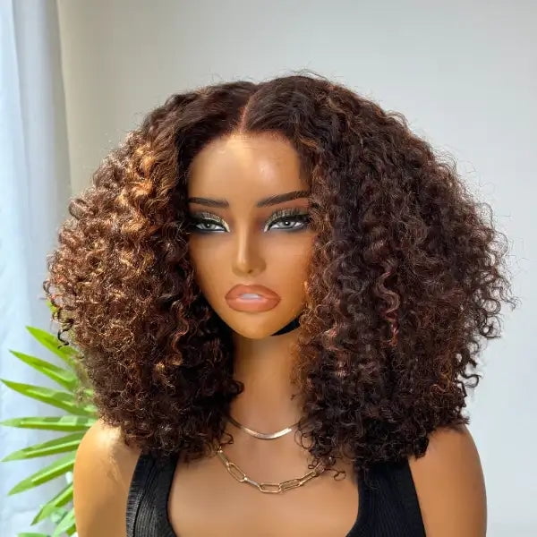 LUVME 180% Density Copper Highlight Kinky Curly Glueless 5x5 Lace Closure Wig