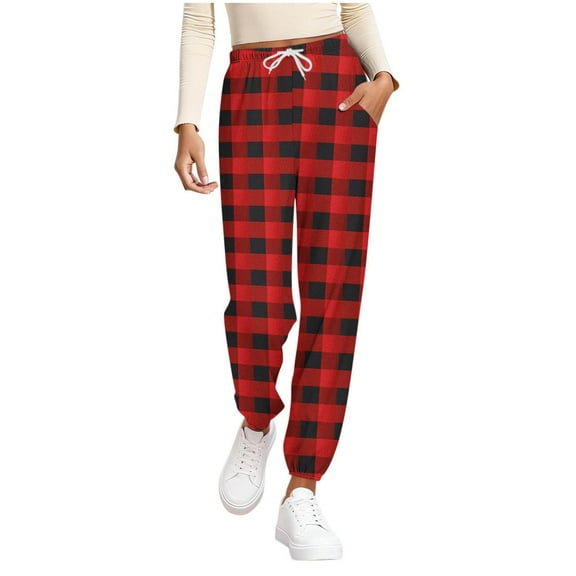Lounge Pants for Women with Pockets Drawstring Elastic Waist Casual Cotton Jogger Sweatpants Soft Pajama Bottoms (XL, Red|Plaid)
