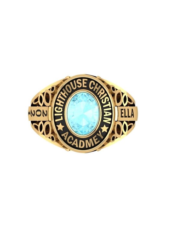 Custom Lighthouse Christian Academy School Ring Personalized High School Name Year Inside Engraving with Oval Light Blue Stone 925 Sterling Silver