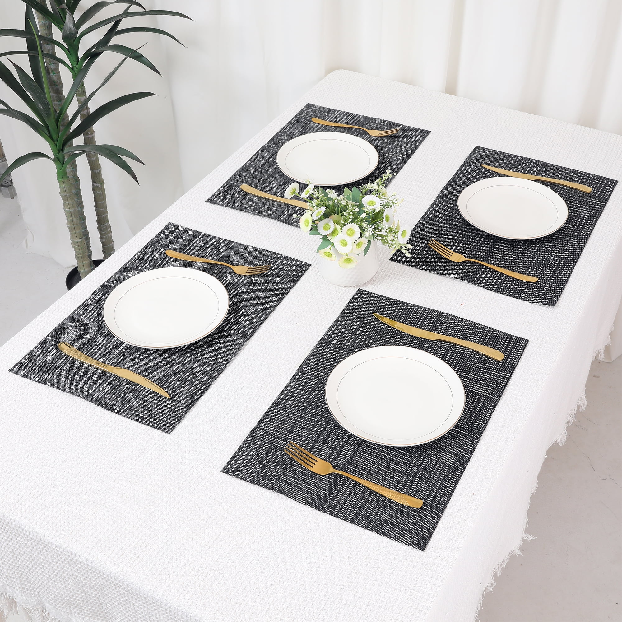 Unique Bargains Vinyl Placemats for Kitchen Dining Table Wipeable Mat Black 18x12in