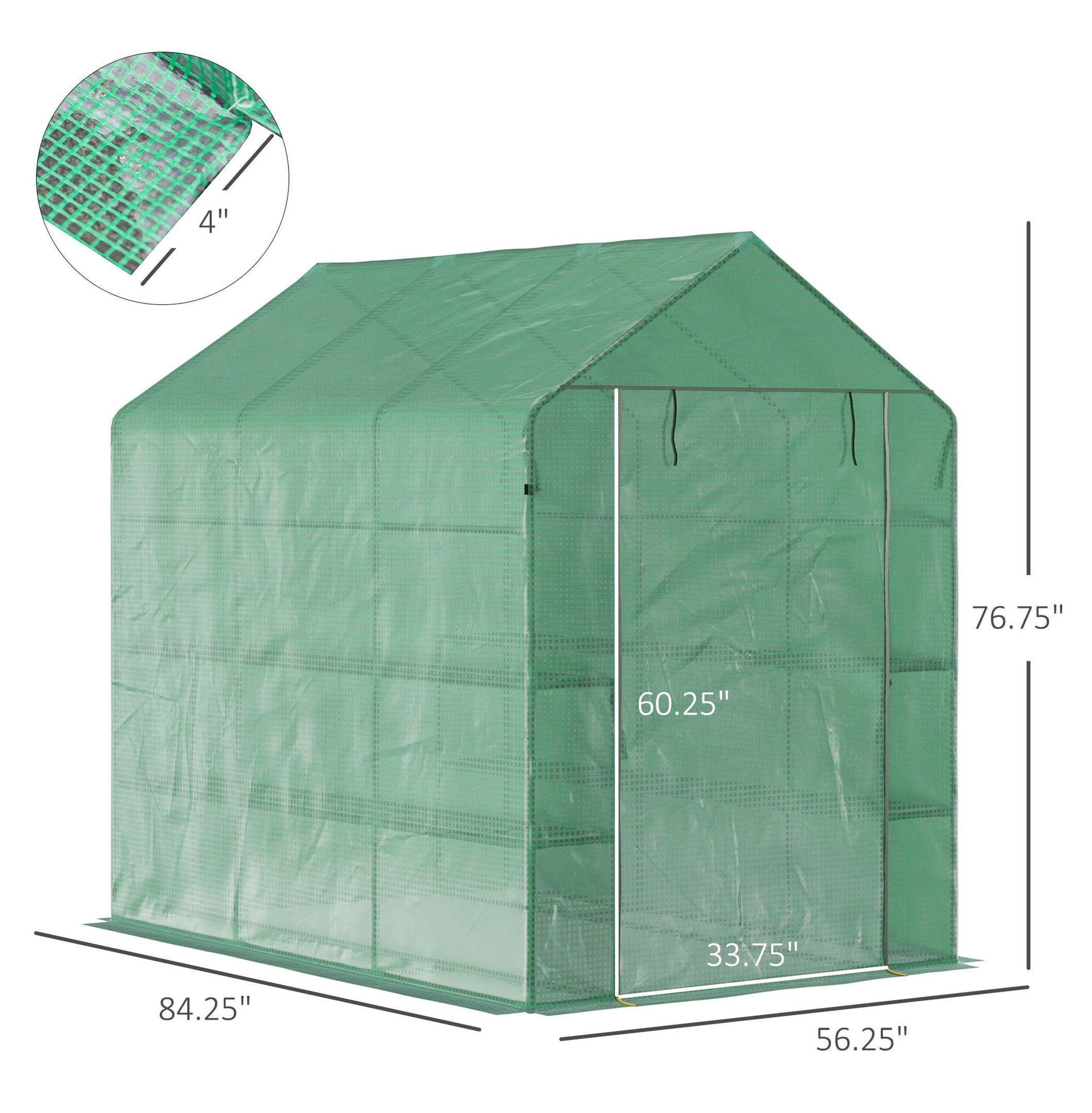 Walk-In Greenhouse 7x5x6 ft - Portable Plant Grow House with Shelves - Green PE Cover Steel Frame - Vegetable Herb Flower Garden Hothouse
