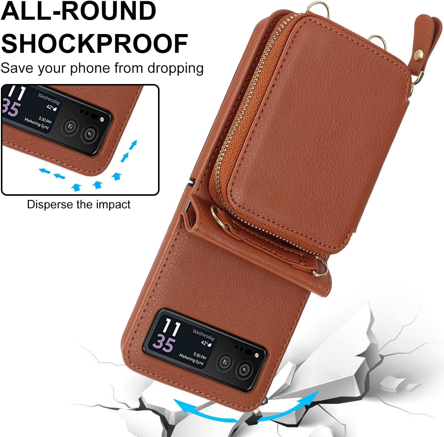 REQO Phone Case for Motorola Razr 40/Moto Razr 2023 Wallet Cover with Credit Card Holder Zipper Slot Shoulder Crossbody Strap Lanyard RFID Blocking Mobile TPU Cell Purse XT2323-6 Women Girls Brown