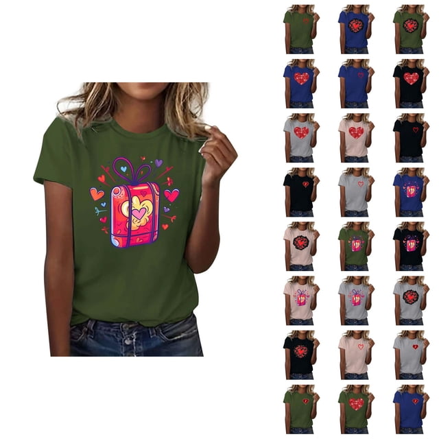 T-shirts de la Saint-Valentin pour Femmes 2026 Mode Manches Courtes Col Rond Cœur Graphique