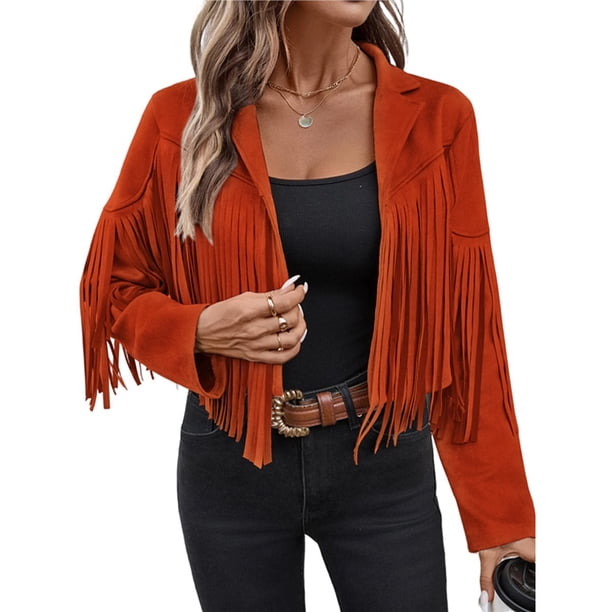 Chaquetas de Mujer de Piel Sintética de Ante con Flecos y Forro. Abrigos Cortos con Flecos. Imprescindibles de de Otoño. Rojo Óxido M