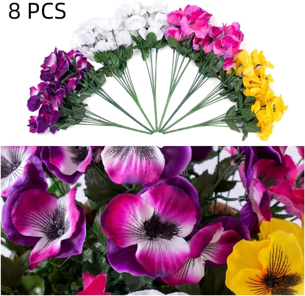 Artificial Faux Plants Flowers Outdoor Spring Decoration, 12 Bundles Fake Silk Colorful Daisy Eucalyptus Realistic UV Resistant for Outside Home Planter Porch Patio Window Yard Decor (Mix)