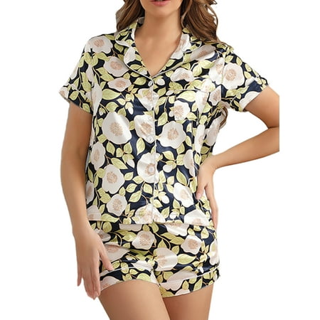 

UKAP Silk Satin Pajamas Set for Women Short Sleeve Nightgowns Loungewear Button Down Sleepwear Nightwear Green Leaf S