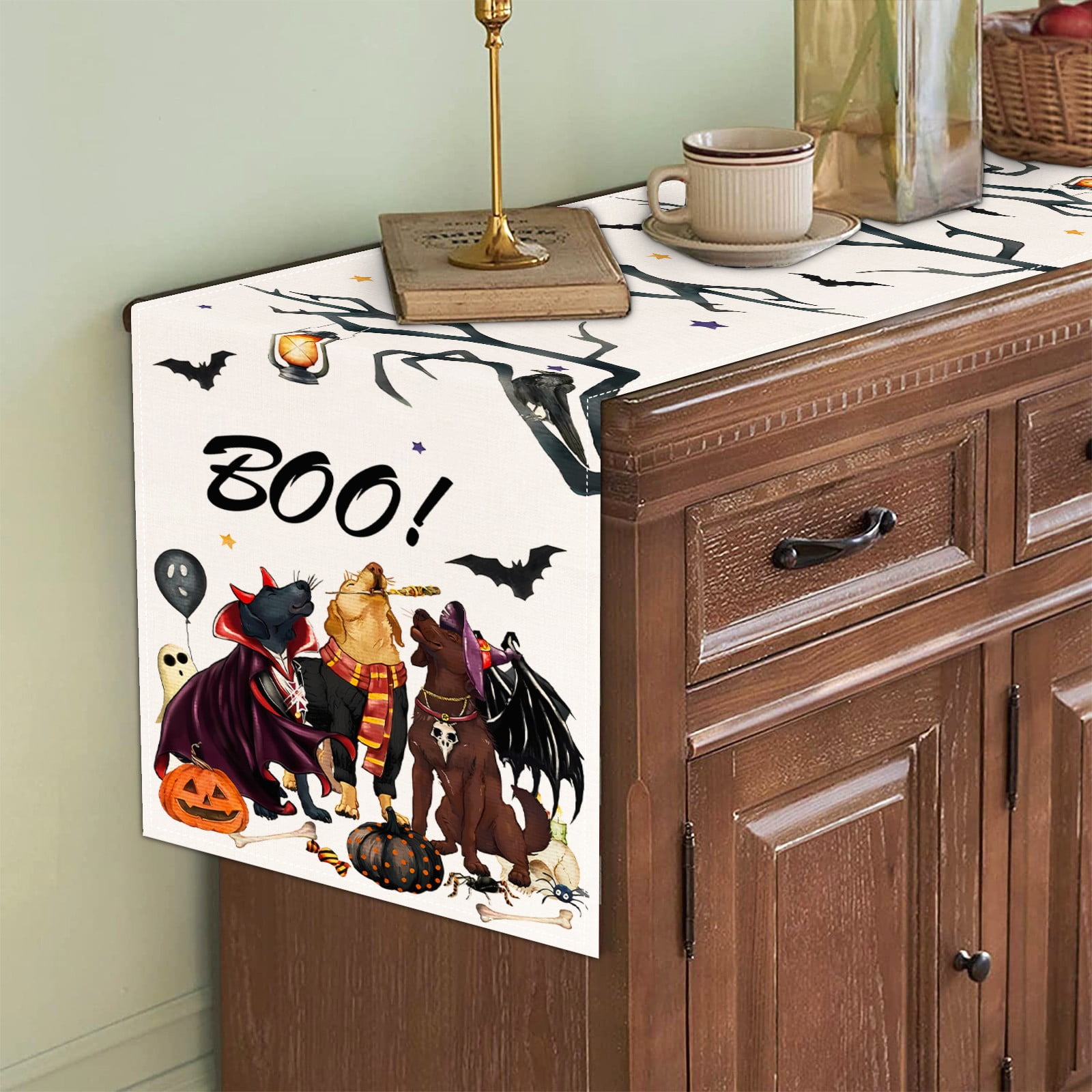Home Decoration Charm: Linen Witch Bat & Cat Halloween Table Runner Dust & Elegant Décor