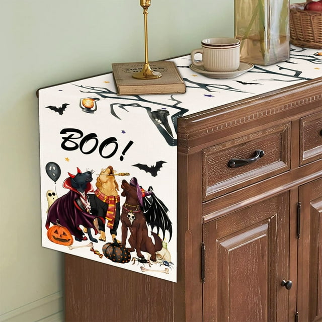 Cqxid Decorative Table Banner Under $5 Charm: Linen Witch Bat & Cat Halloween Table Runner Dust & Elegant Décor