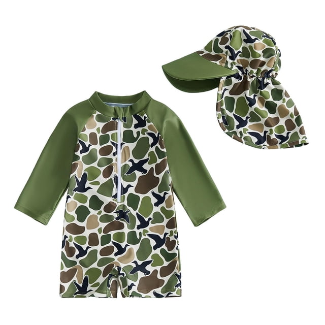 HXWCHs Boys Swim Trunks Adjustable Drawstring Boys UPF 50+ Sun Protective Swimwear Set Long Sleeve Rash Guard and Trunks with Matching Hat for toddler Beach Pool Activities 12-18 Months Army Green