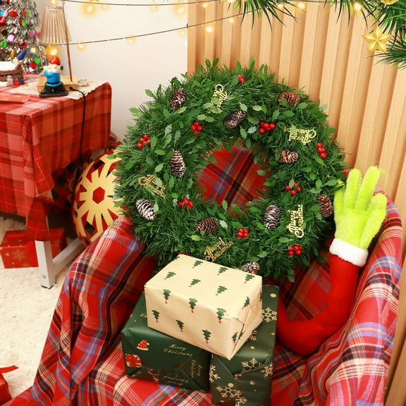 Christmas Wreaths for Front Door, Indoor Outdoor Xmas Decorations Artificial PVC Wall Wreaths Green
