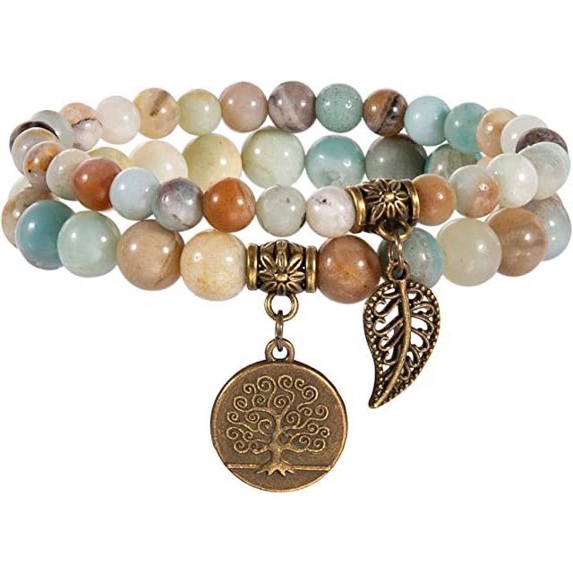 Pulsera de piedras naturales - pulsera de perlas naturales para mujer-Juego de dos pulseras con árbol de la vida y accesorios de hojas,F