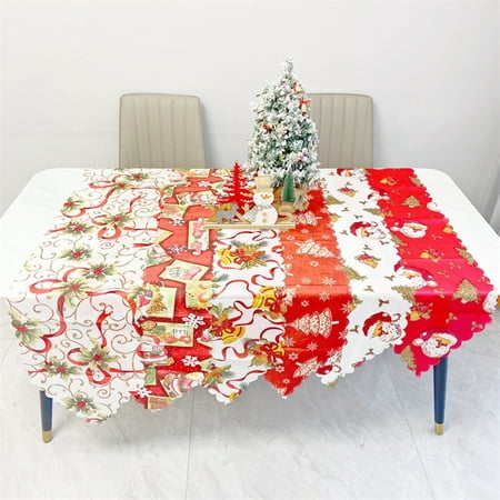 

GROFRY Christmas Table Runner Santa Claus/Tree/Bells/Flower Print Rectangle Seasonal Heat Insulation Polyester Xmas Themed Print Winter Dining Table Cloth for Kitchen