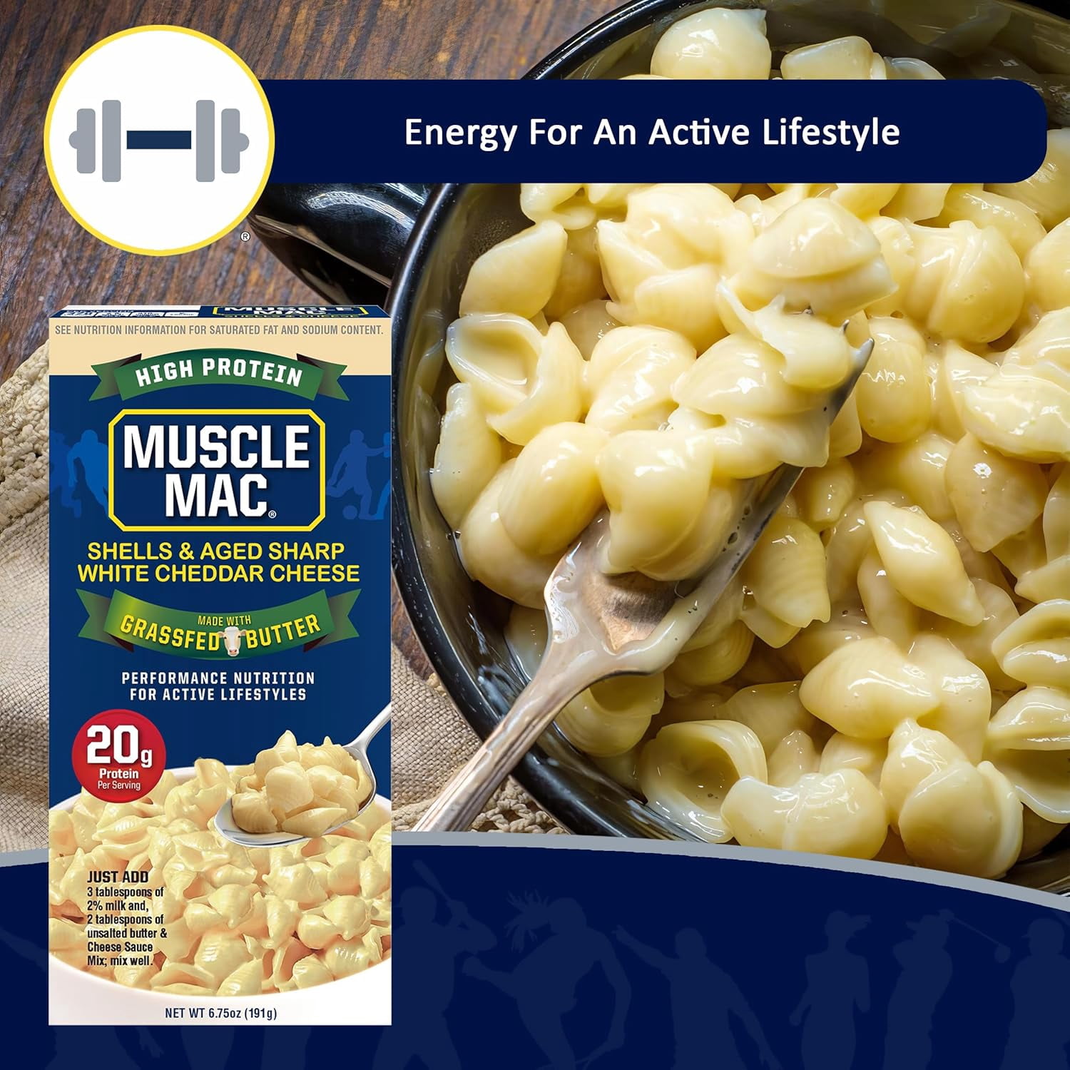 (5 pack) Muscle Mac High Protein Shells & Cheese Dinner, Made With Aged Sharp White Cheddar and Butter from GrassFed Cows, 20g of Protein, 6.7 oz