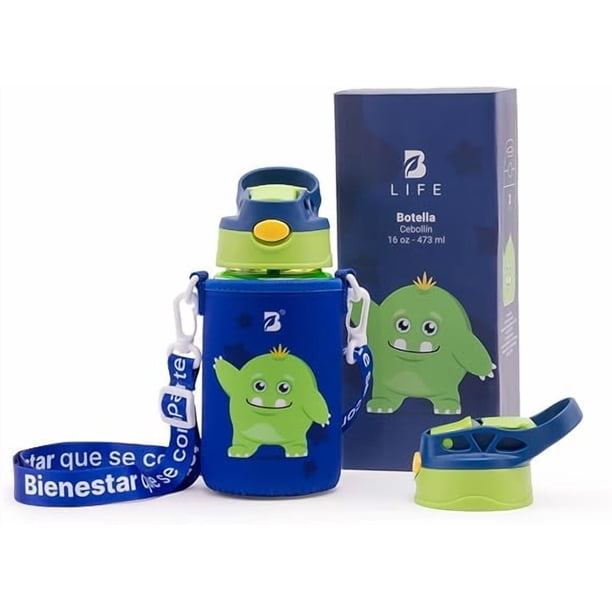 Botella de Agua para Niños 473ml Cebollín | Con Funda, 2 Tapas, 2 Popotes y Cepillo | Libre de BPA | B Life