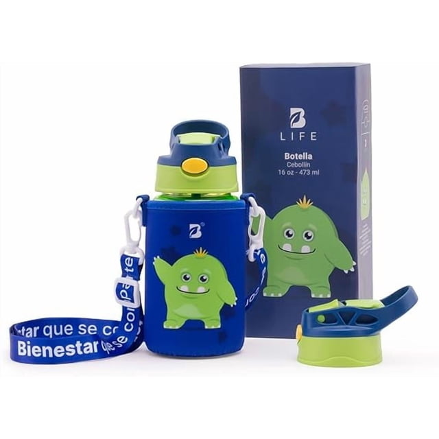 Botella de Agua para Niños 473ml Cebollín | Con Funda, 2 Tapas, 2 Popotes y Cepillo | Libre de BPA | B Life
