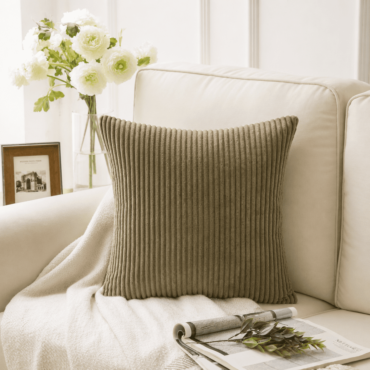 Phantoscope Soft Corduroy Striped Velvet 18" x 18" Light Coffee Decorative Throw Pillow, 1 Pack