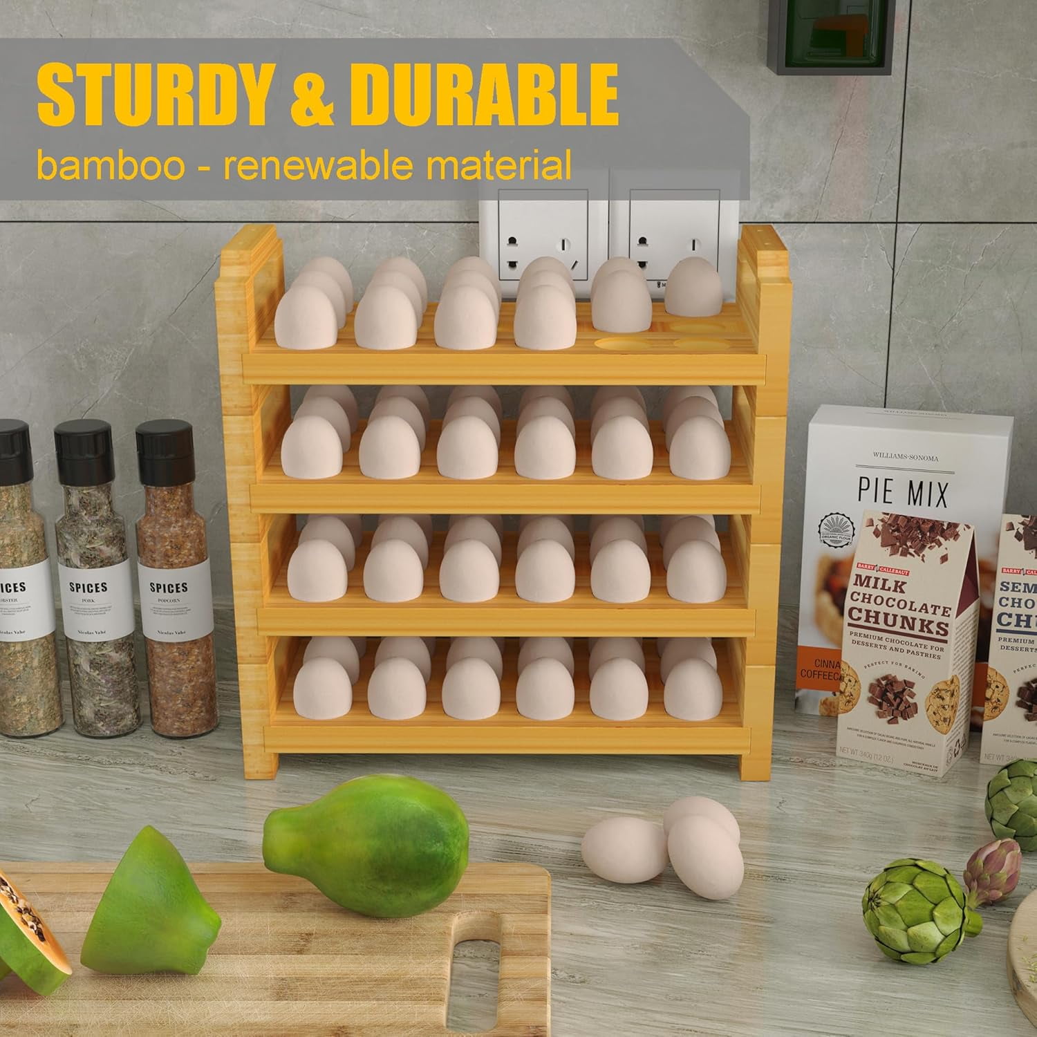 Bamboo Egg Holder Countertop Stackable Design for Fresh Eggs Farmhouse Egg Tray Storage Display Rack Kitchen Counter Top Organizer Wooden Egg Stand Fits Quail Duck Turkey Chicken Eggs (Modern)