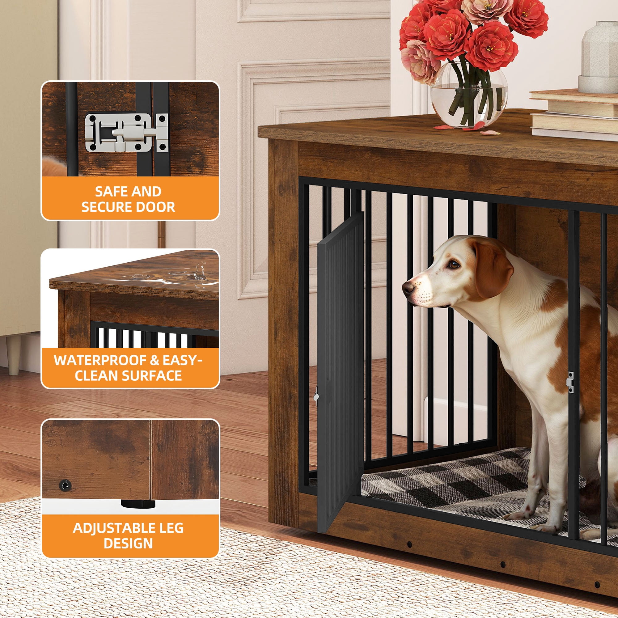 Uforic 38 Inch 2-in-1 Iron-Wood Fusion Indoor Dog Kennel Side End Table for Large Dogs, Waterproof Top & Safety Rounded Corner with Steel Lock, Holds up to 60 lbs, Rustic Brown