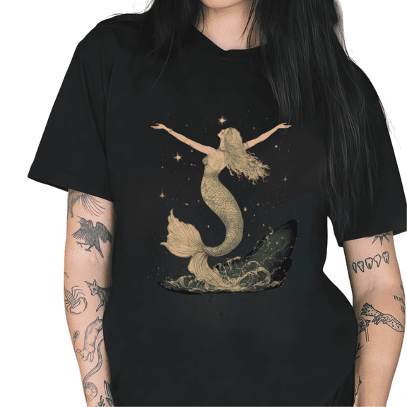 Black Vintage Celestial Mermaid Starry Wave Print Tshirt Graphic Tees Shirts Mythical Sea Lover Gift Casual Tops S-5XL
