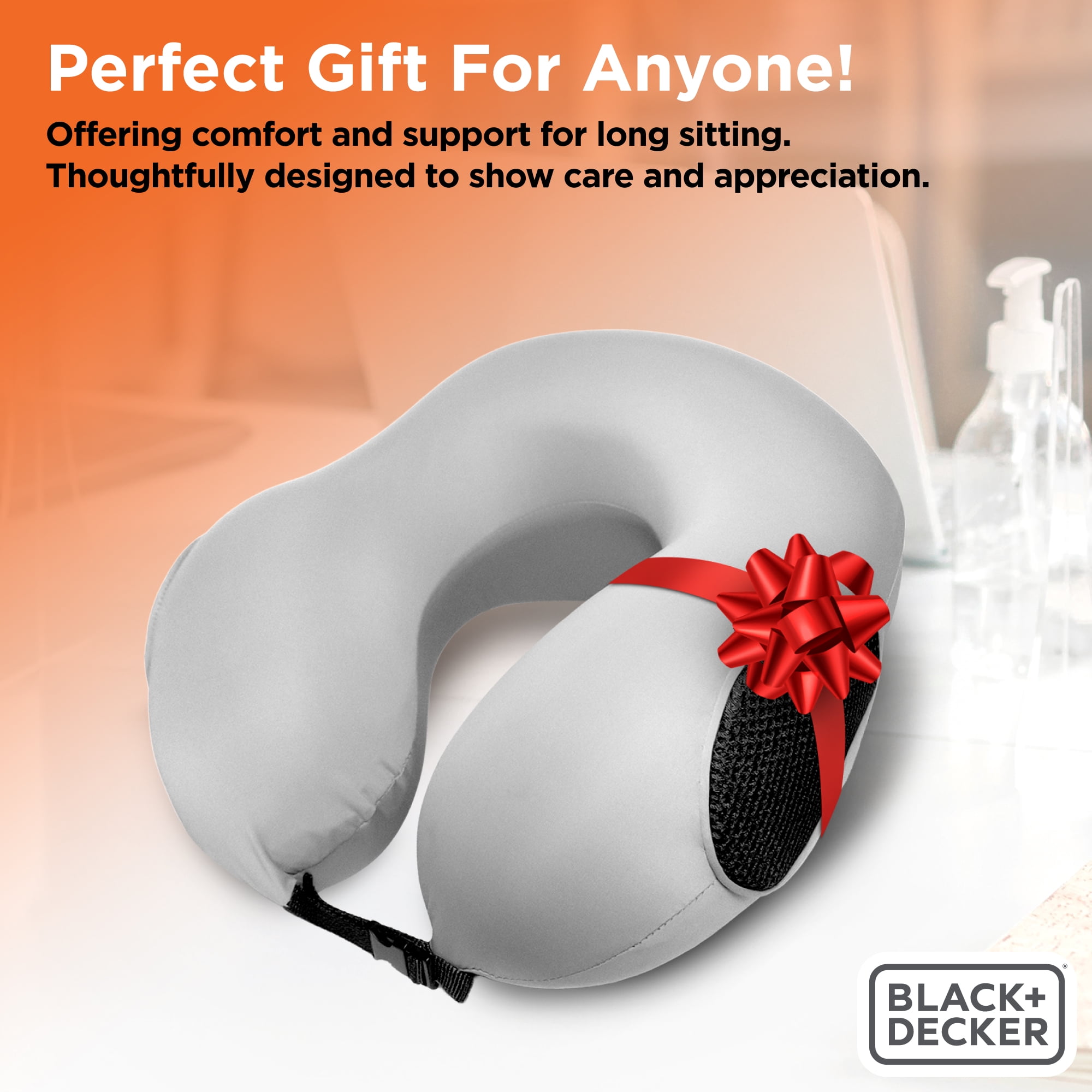 BLACK+DECKER Memory Foam Travel Pillow, Ergonomic Cervical Neck Pillow, Gray
