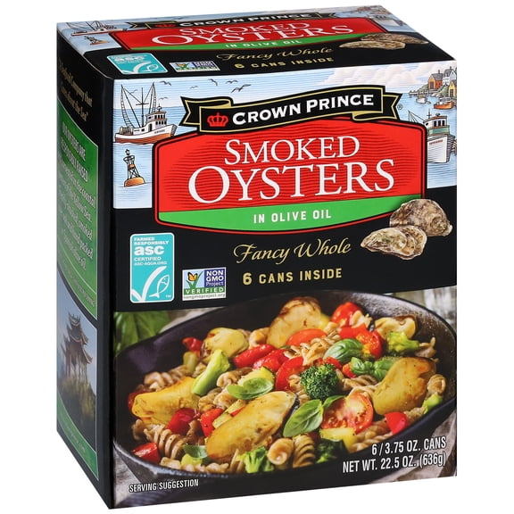 Crown Prince ASC Certified Smoked Oysters in Olive Oil, Gluten Free, 3.75 Ounce Cans, (pack of 6)