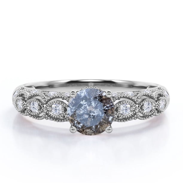 JeenMata Anillo de Compromiso de Inspiración Victoriana con Diamante Natural de Sal y Pimienta de Corte Redondo de 1,10 Quilates Tallado a Mano en Oro Blanco de 18 K sobre Plata