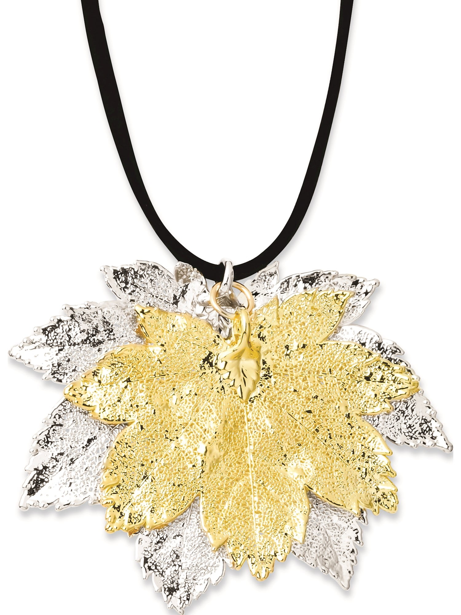 Flowers /& Leaves Silver//24k Gold Dipped Double Full Moon Maple Leaf Necklace 20/"