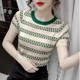 thumbnail image 2 of 2024 Nueva camiseta de manga corta de seda de hielo de moda para mujer, cuello redondo, elegante y sensata, camiseta de rayas, ropa de verano de moda, 2 of 4