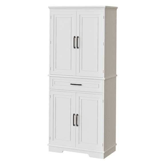 72 ”Tall Pantry Storage Cabinet with Drawer & Door Shelves - White Wooden Cabinet with Adjustable Shelves for Kitchen, Bathroom, Dining Room, Living Room