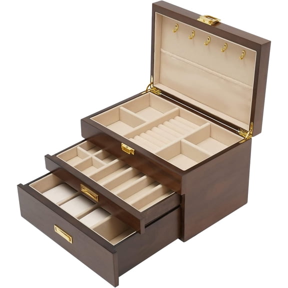 Vintage Wooden Jewelry Box for Women 3 Layers Jewelry Box Organizer Rustic Jewelry Case Cabinet for Earrings Rings Necklace Bracelet (Black Walnut )