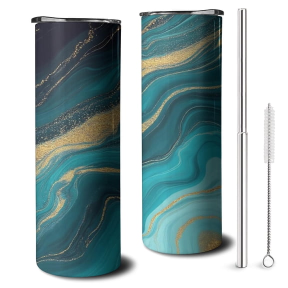 20oz Teal Gold Wave Marble Pattern Skinny Tumblers Stainless Steel Tumbler with Lid and Straw,Vacuum Insulated Double Wall Travel Tumbler Cups with Cleaning Brush for Coffee,Tea