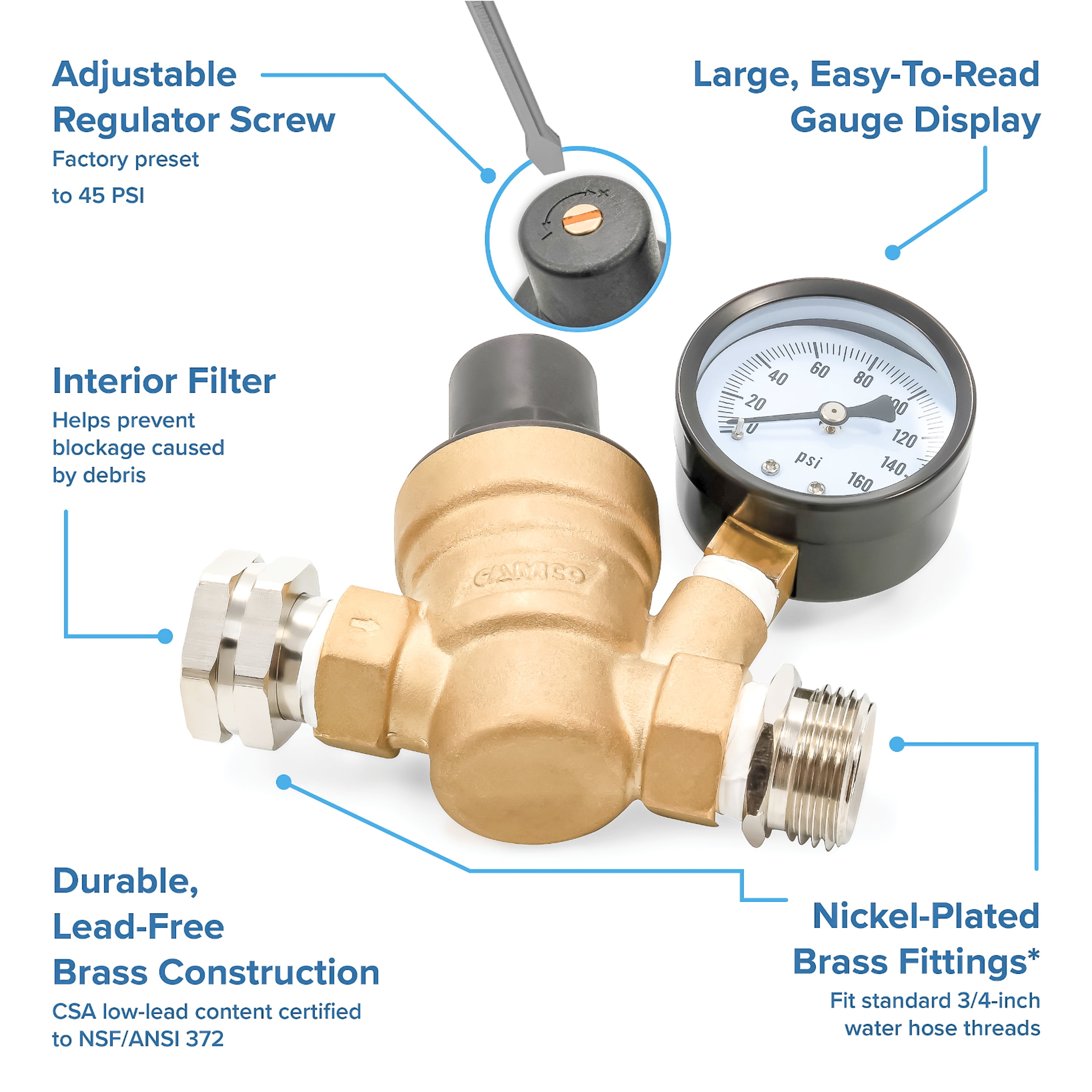 Camco RV Adjustable Brass Water Pressure Regulator (40058)
