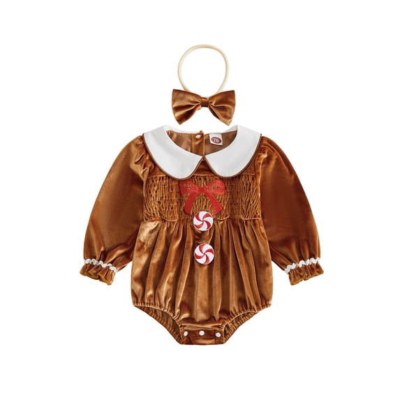 Cjfdfy Newborn Baby Girl Christmas Romper Gingerbread Man Velvet Long Sleeve Smocked Bubble Bodysuit And Headband Infant Cute My First Christmas Fall Winter Clothes 0-24M